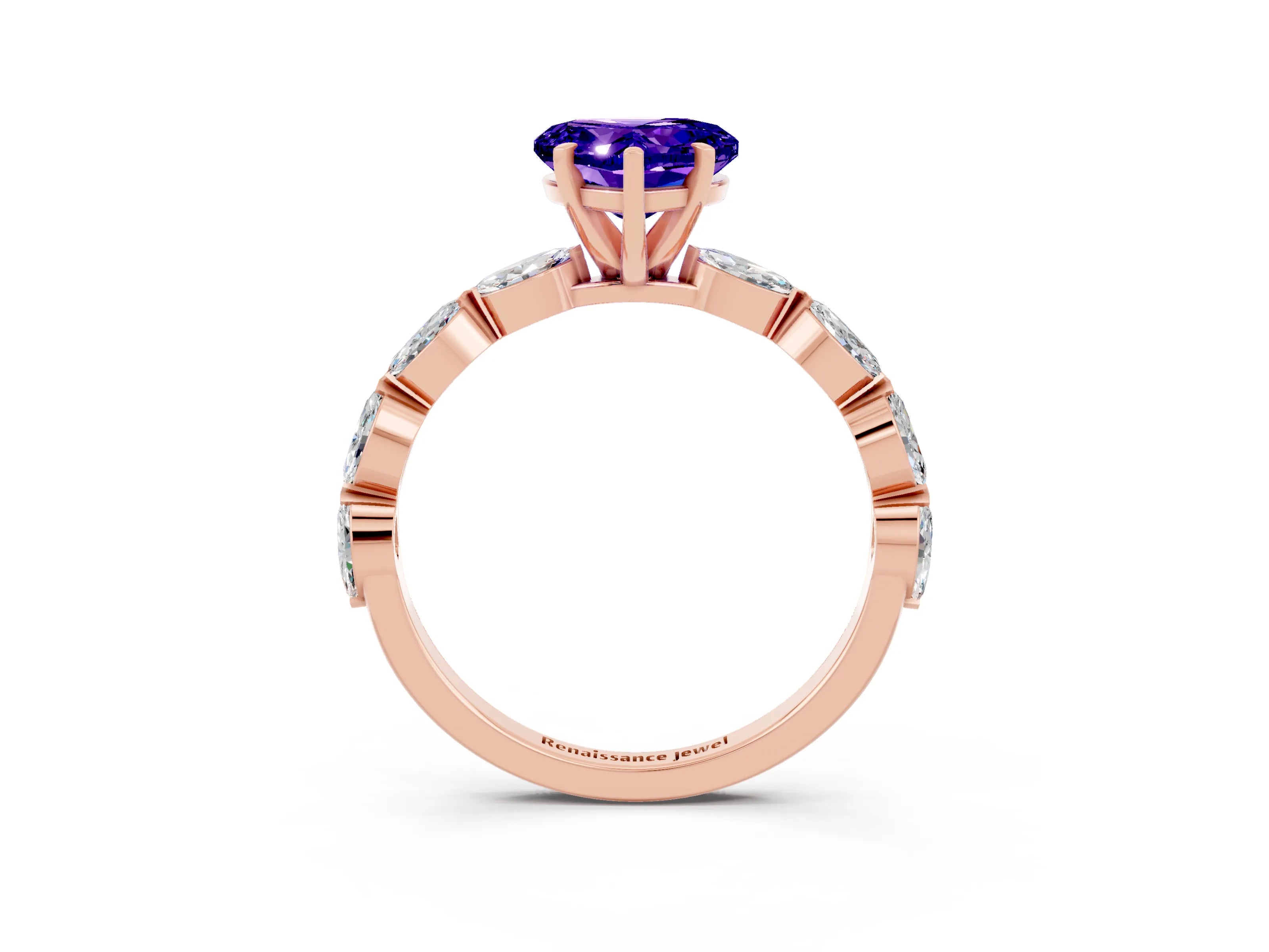 Rose gold Heart Cut Tanzanite Ring with Marquise Side Stones and Prong Setting_3