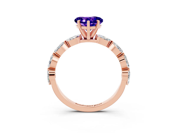 Rose gold Heart Cut Tanzanite Ring with Marquise Side Stones and Prong Setting