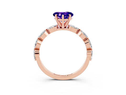 Rose gold Heart Cut Tanzanite Ring with Marquise Side Stones and Prong Setting_3
