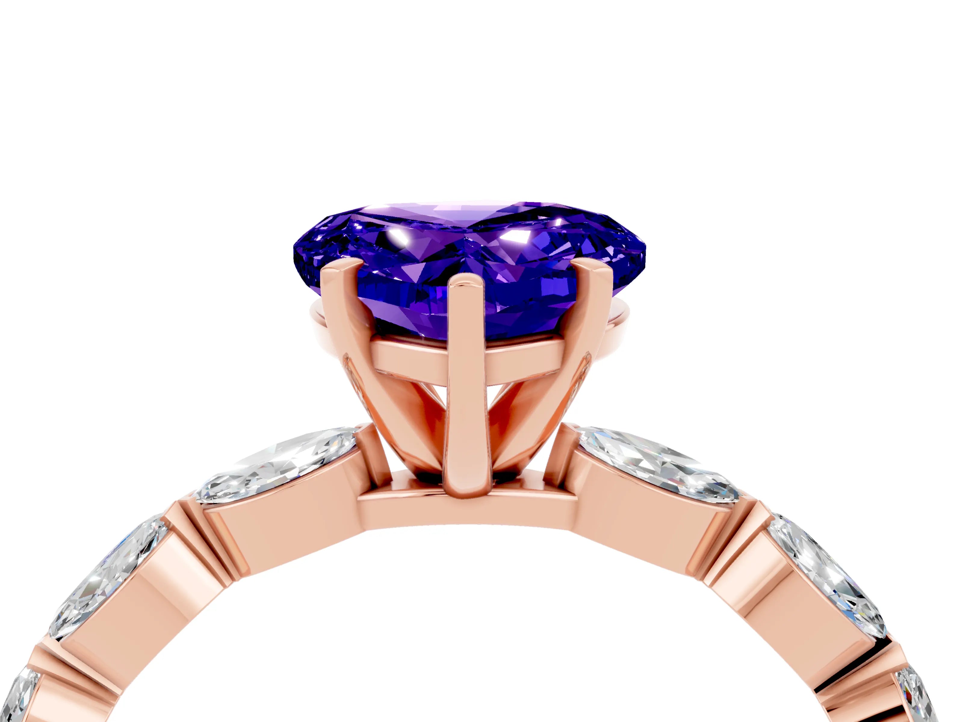 Rose gold Heart Cut Tanzanite Ring with Marquise Side Stones and Prong Setting_4