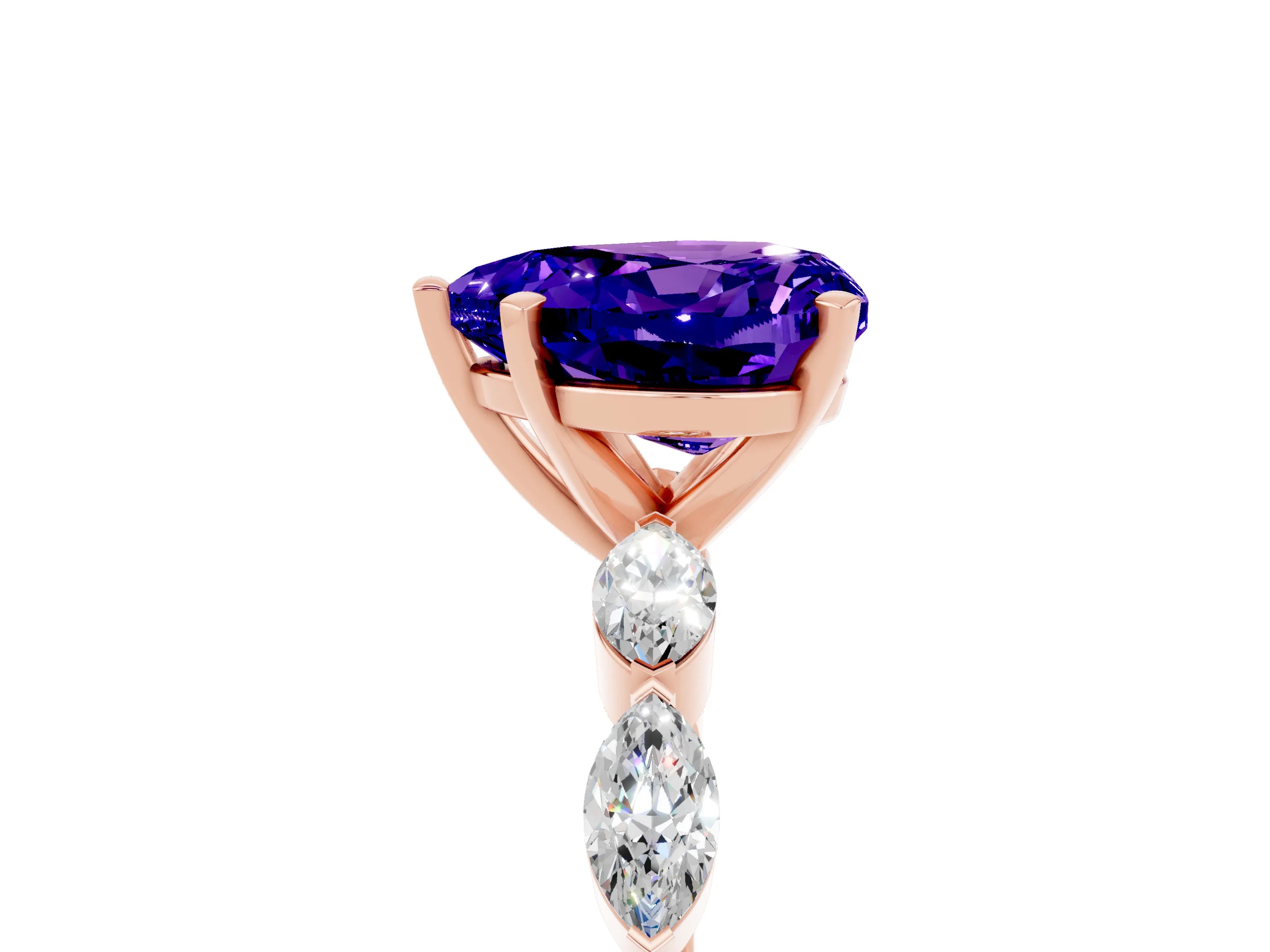 Rose gold Heart Cut Tanzanite Ring with Marquise Side Stones and Prong Setting_5