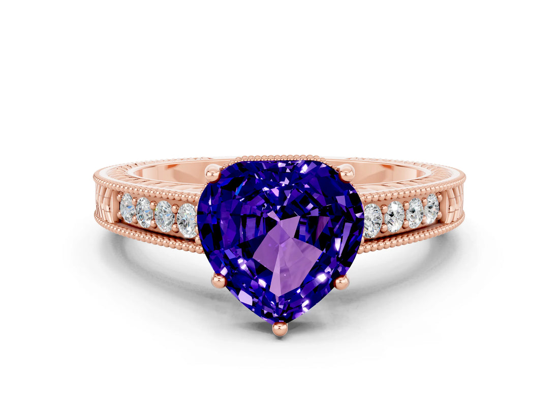 Rose gold Heart Cut Tanzanite Ring with Milgrain Pavé Band and Four-Prong Setting_12