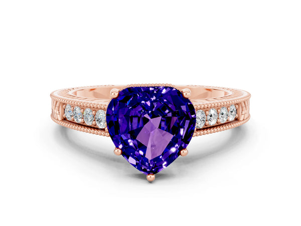 Rose gold Heart Cut Tanzanite Ring with Milgrain Pavé Band and Four-Prong Setting
