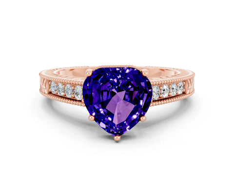 Rose gold Heart Cut Tanzanite Ring with Milgrain Pavé Band and Four-Prong Setting_12