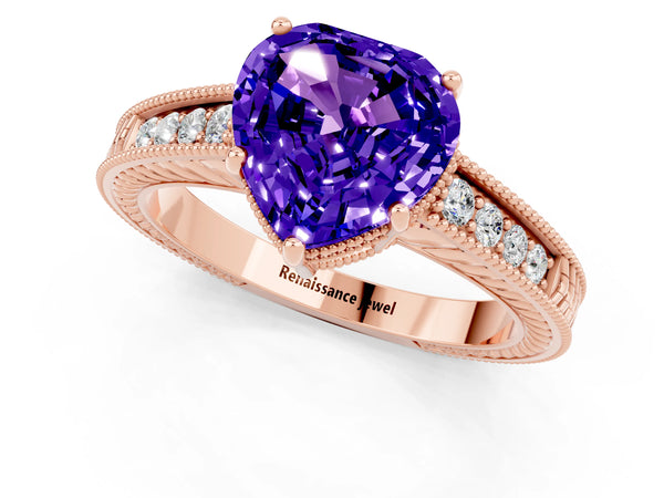 Rose gold Heart Cut Tanzanite Ring with Milgrain Pavé Band and Four-Prong Setting