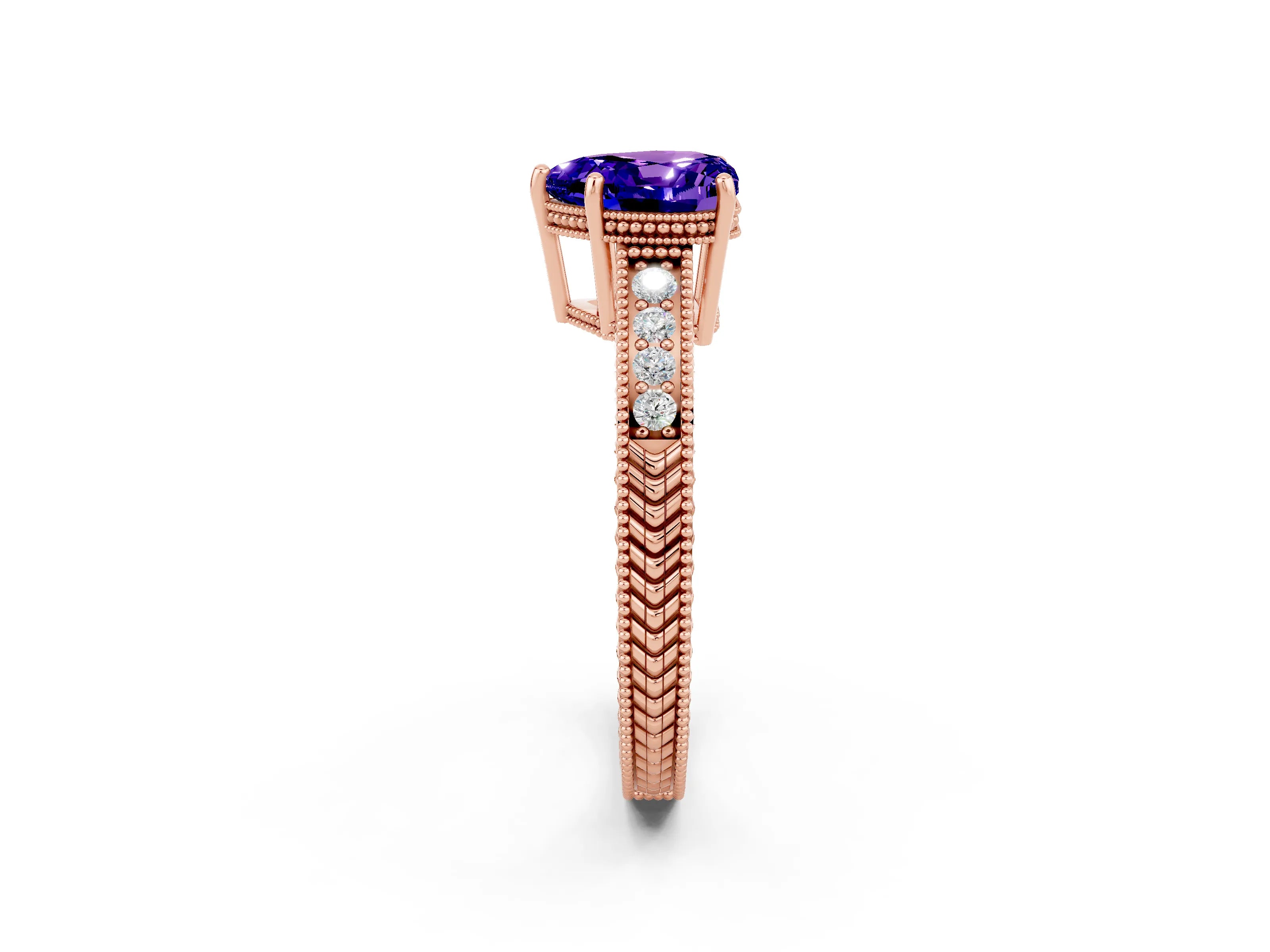 Rose gold Heart Cut Tanzanite Ring with Milgrain Pavé Band and Four-Prong Setting_14