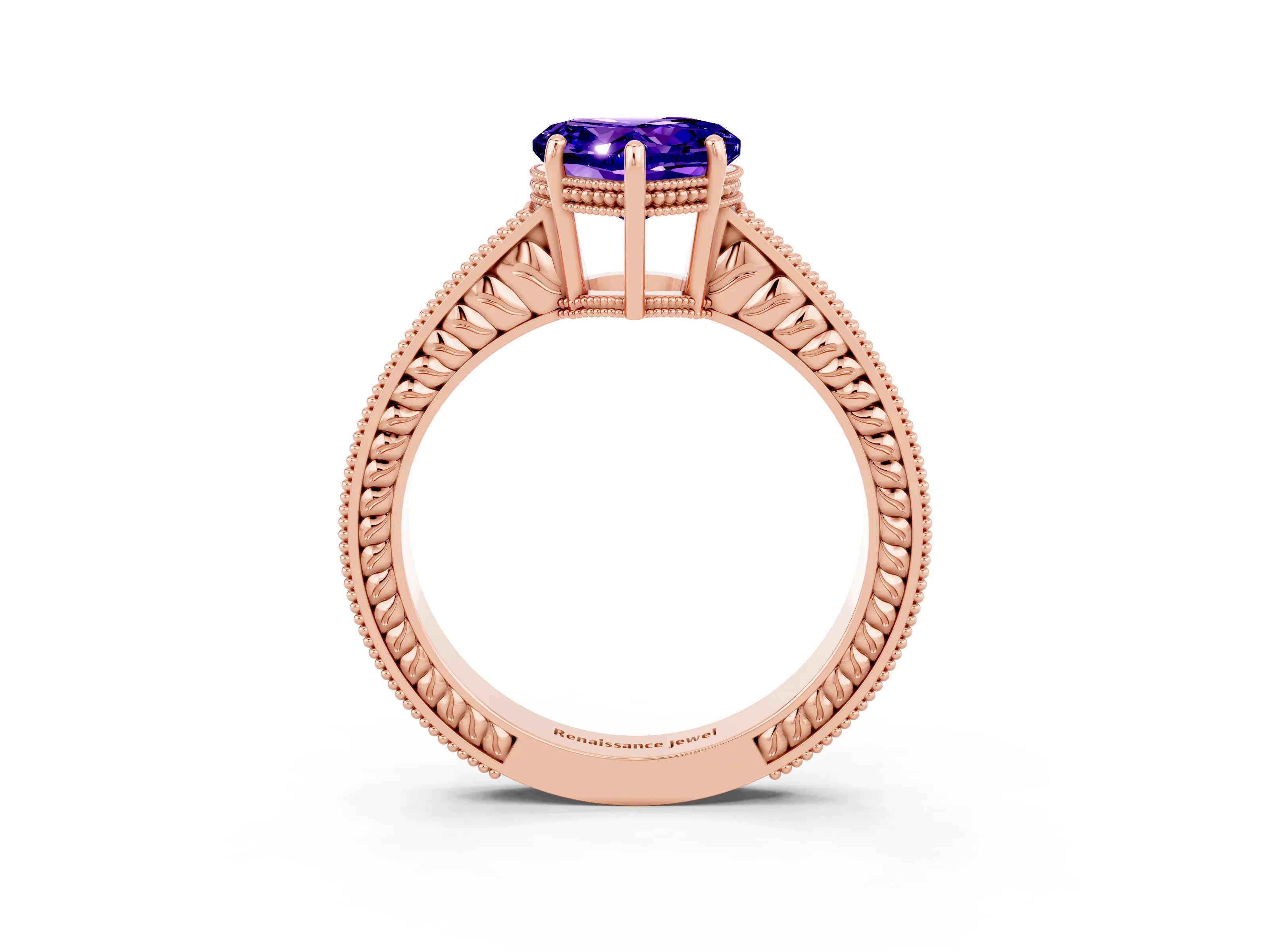 Rose gold Heart Cut Tanzanite Ring with Milgrain Pavé Band and Four-Prong Setting_15