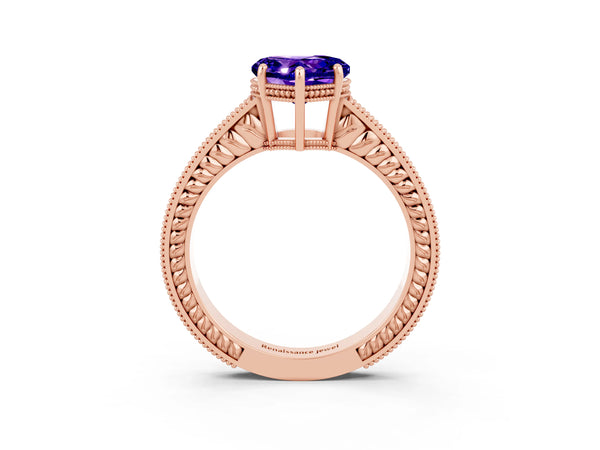 Rose gold Heart Cut Tanzanite Ring with Milgrain Pavé Band and Four-Prong Setting