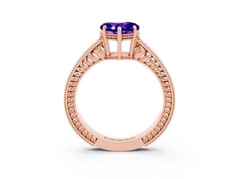 Rose gold Heart Cut Tanzanite Ring with Milgrain Pavé Band and Four-Prong Setting_15
