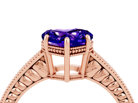 Rose gold Heart Cut Tanzanite Ring with Milgrain Pavé Band and Four-Prong Setting_16