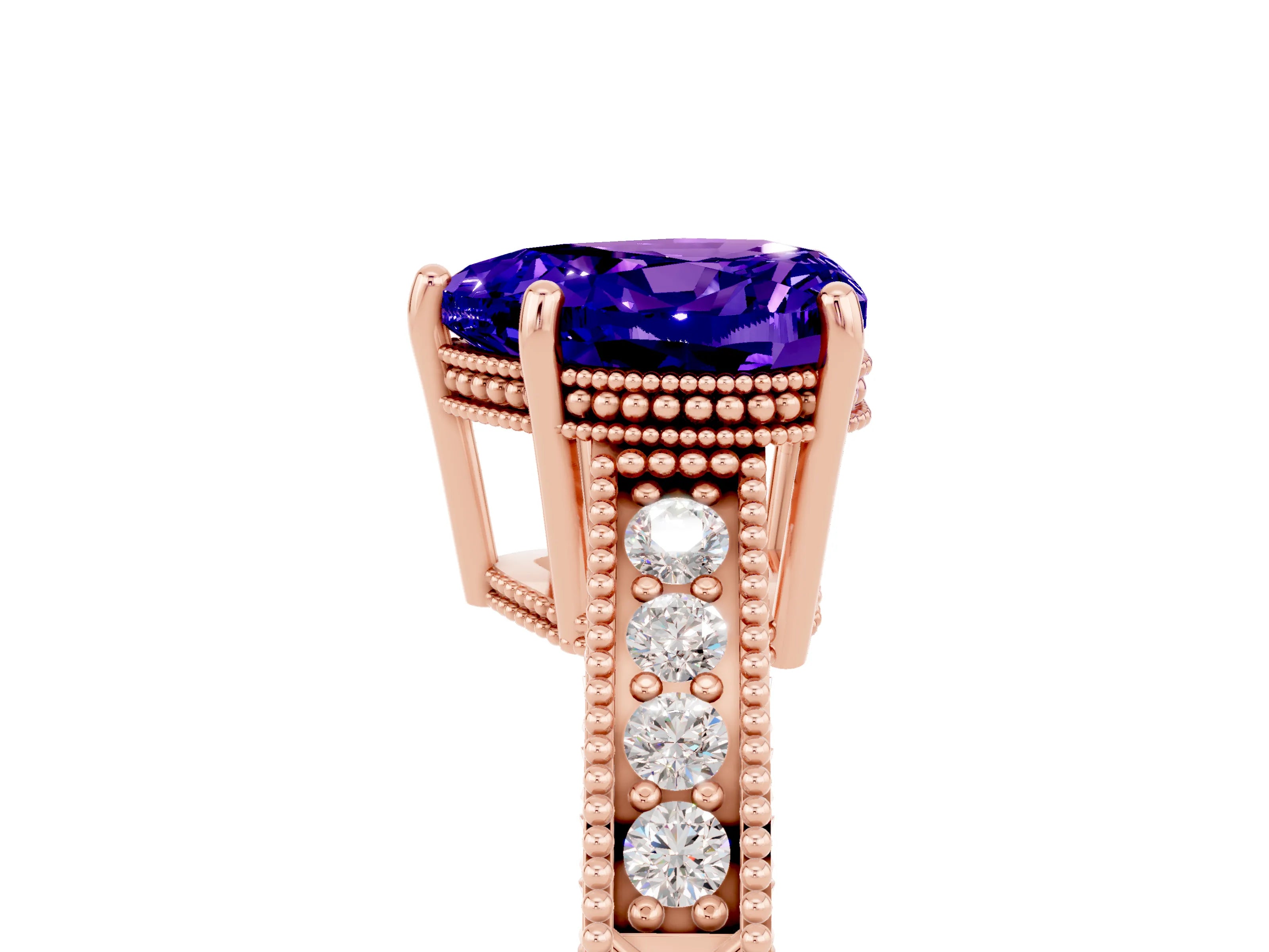 Rose gold Heart Cut Tanzanite Ring with Milgrain Pavé Band and Four-Prong Setting_17