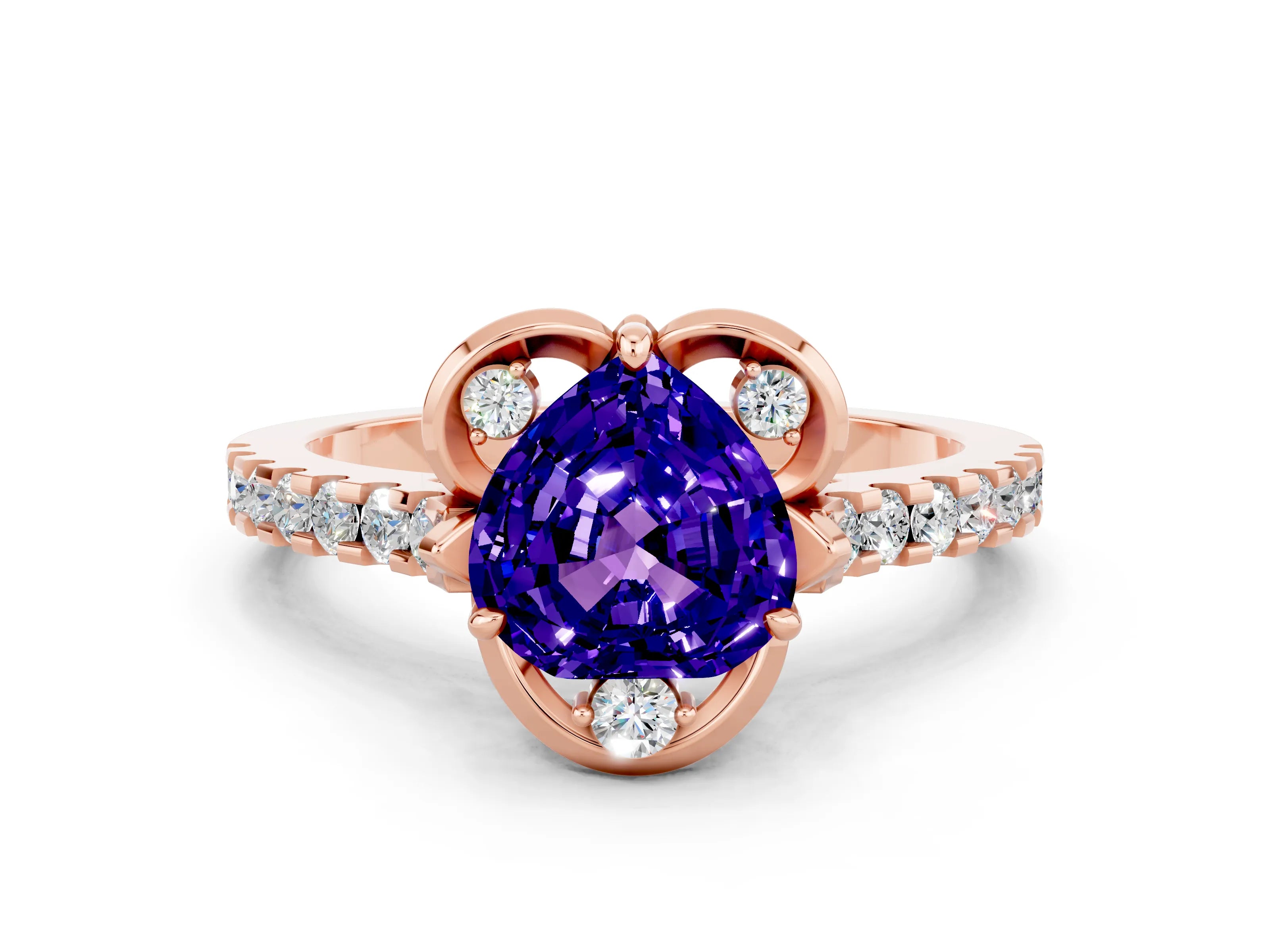 Rose gold Heart Cut Tanzanite Ring with Pavé Band and Floral Prong Setting