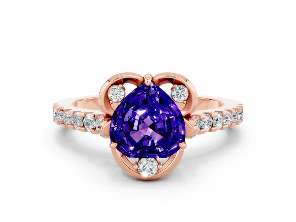 Rose gold Heart Cut Tanzanite Ring with Pavé Band and Floral Prong Setting