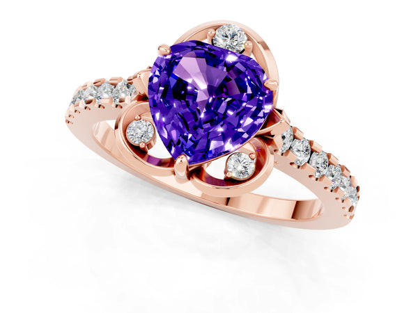 Rose gold Heart Cut Tanzanite Ring with Pavé Band and Floral Prong Setting