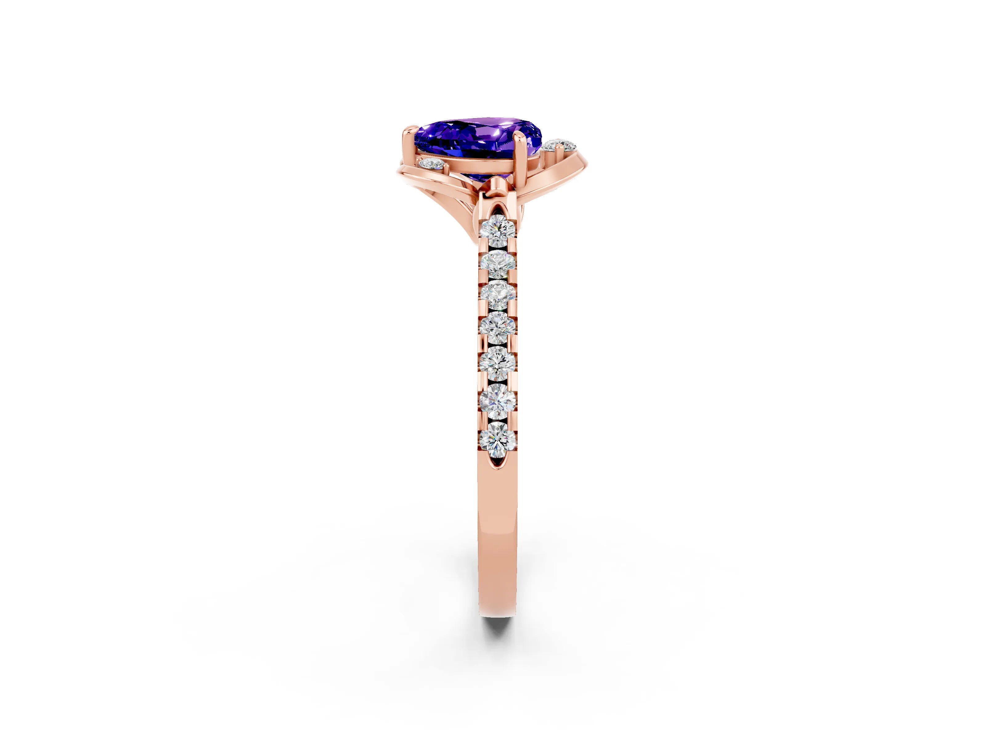 Rose gold Heart Cut Tanzanite Ring with Pavé Band and Floral Prong Setting_2
