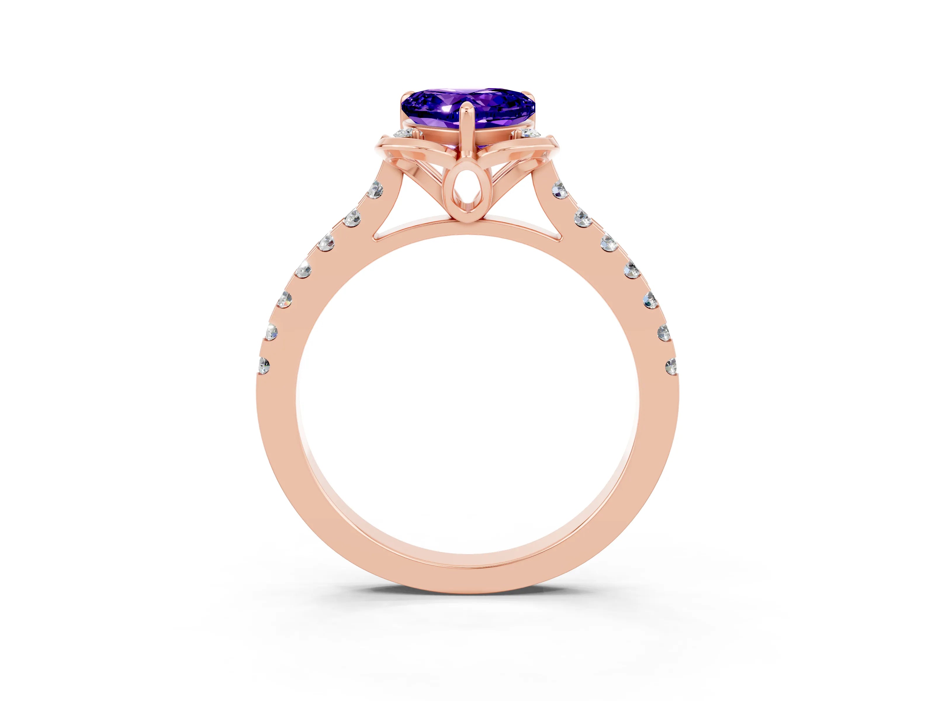 Rose gold Heart Cut Tanzanite Ring with Pavé Band and Floral Prong Setting_3