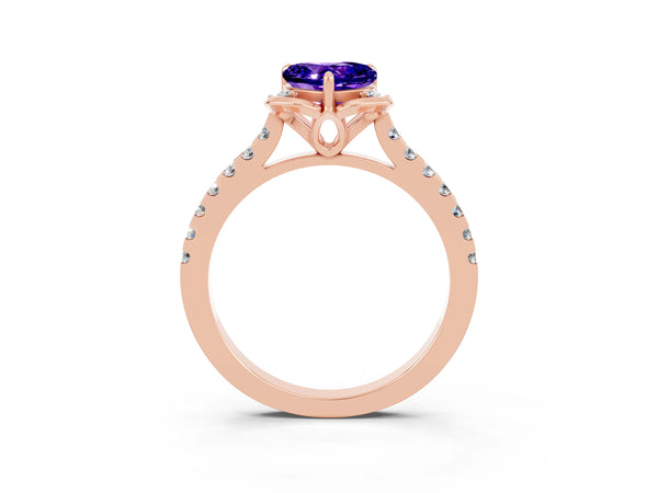 Rose gold Heart Cut Tanzanite Ring with Pavé Band and Floral Prong Setting
