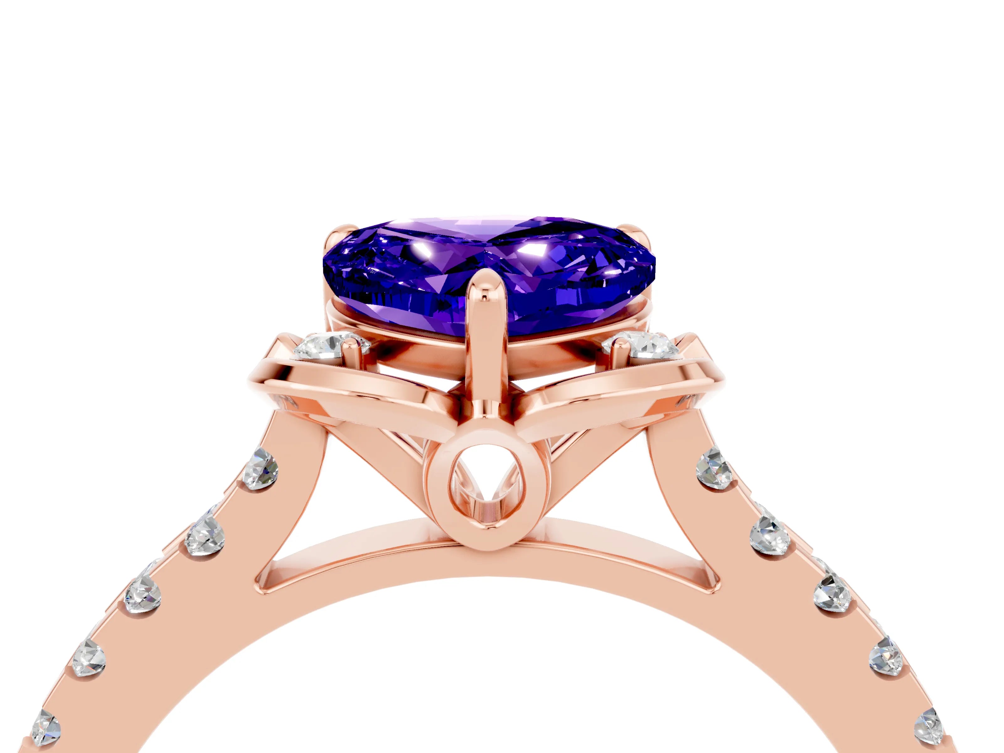 Rose gold Heart Cut Tanzanite Ring with Pavé Band and Floral Prong Setting_4