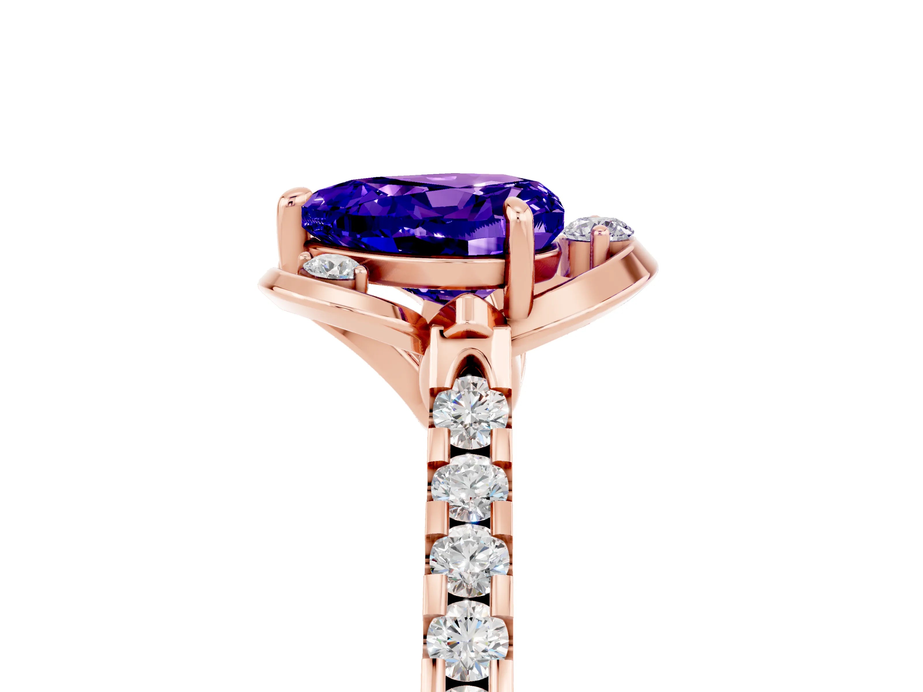 Rose gold Heart Cut Tanzanite Ring with Pavé Band and Floral Prong Setting_5