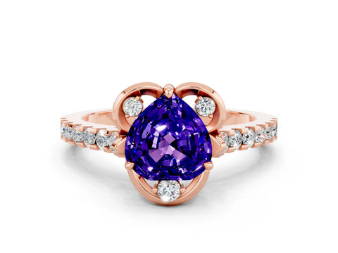 Rose gold Heart Cut Tanzanite Ring with Pavé Band and Floral Prong Setting