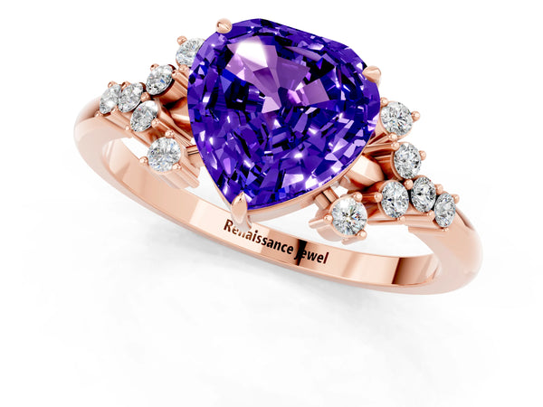 Rose gold Heart Cut Tanzanite Ring with Side Stones and Four-Prong Setting