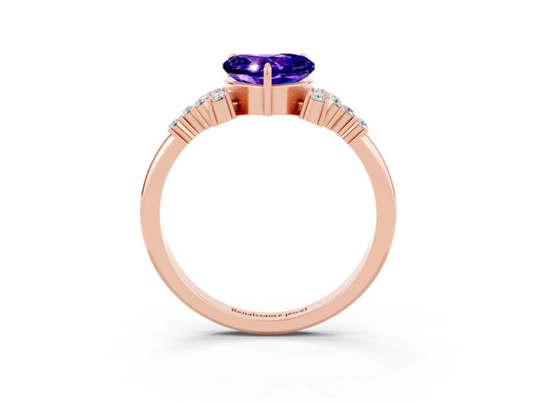 Rose gold Heart Cut Tanzanite Ring with Side Stones and Four-Prong Setting