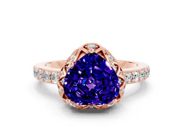 Rose gold Heart Cut Tanzanite Scalloped Halo Engagement Ring with Round Shared Prong Band