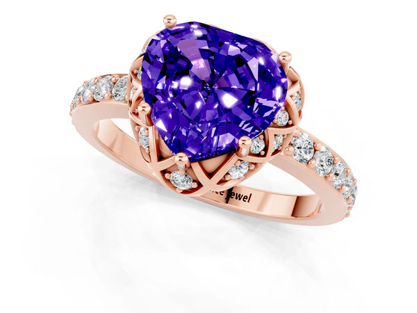 Rose gold Heart Cut Tanzanite Scalloped Halo Engagement Ring with Round Shared Prong Band