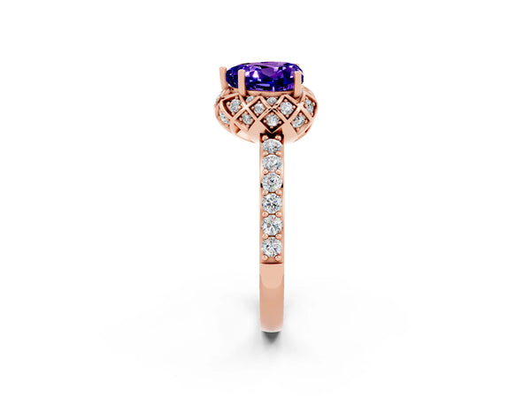 Rose gold Heart Cut Tanzanite Scalloped Halo Engagement Ring with Round Shared Prong Band