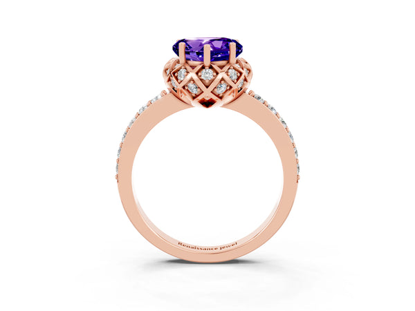Rose gold Heart Cut Tanzanite Scalloped Halo Engagement Ring with Round Shared Prong Band