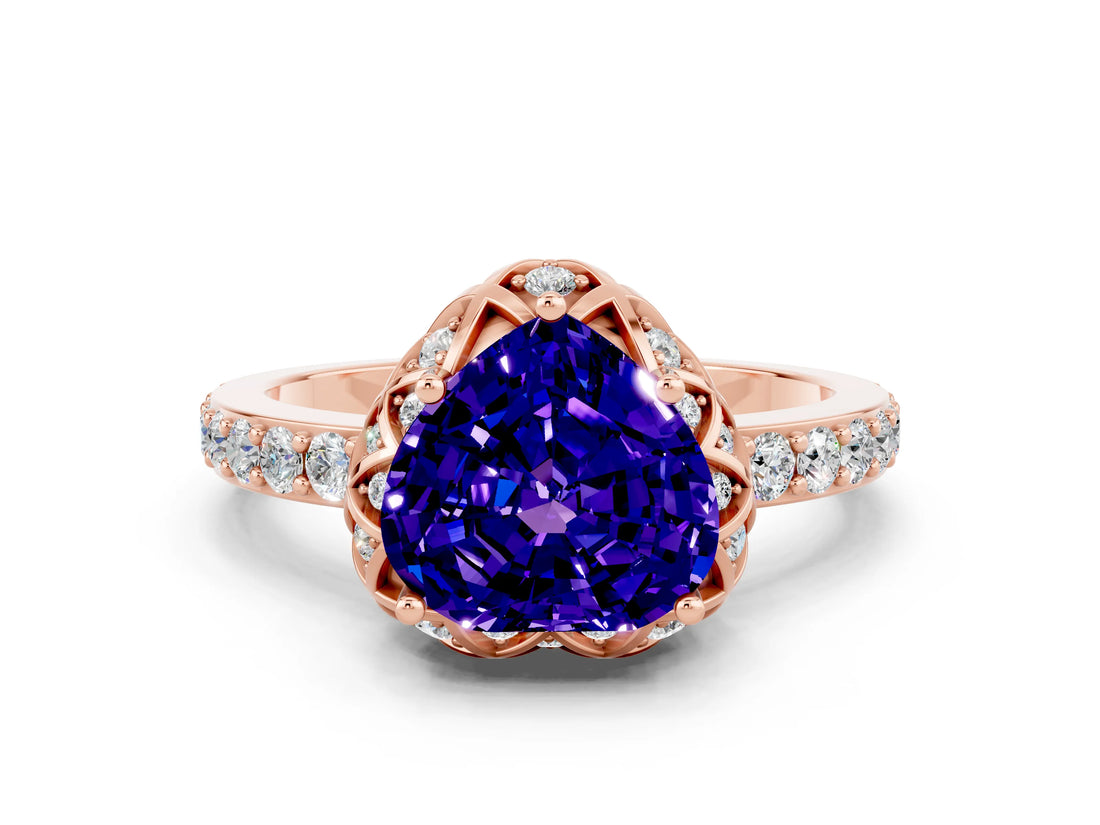 Rose gold Heart Cut Tanzanite Scalloped Halo Engagement Ring with Round Shared Prong Band_24