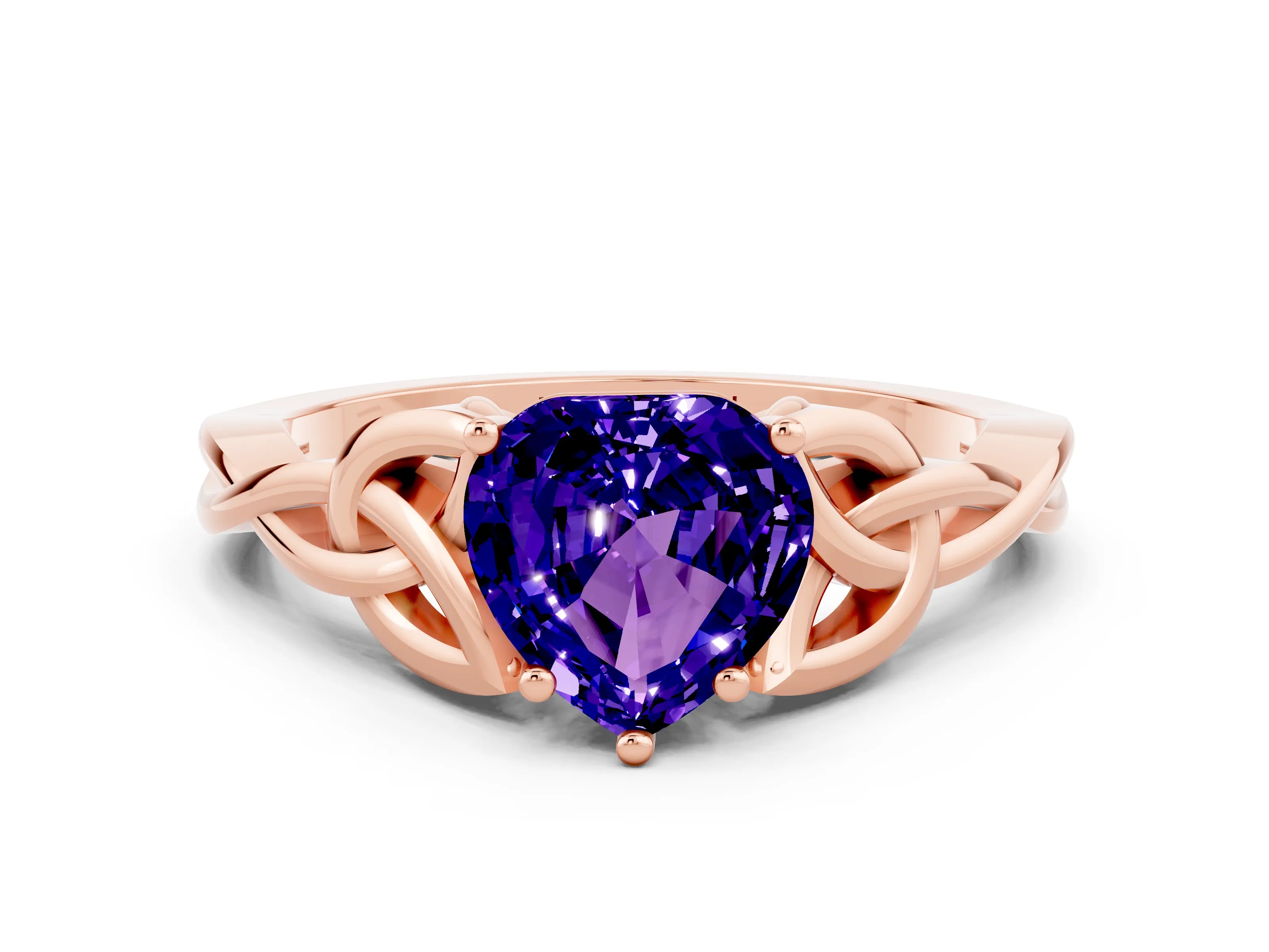 Rose gold Heart Cut Tanzanite Solitaire Celtic Knot Ring with Four-Prong Setting_12