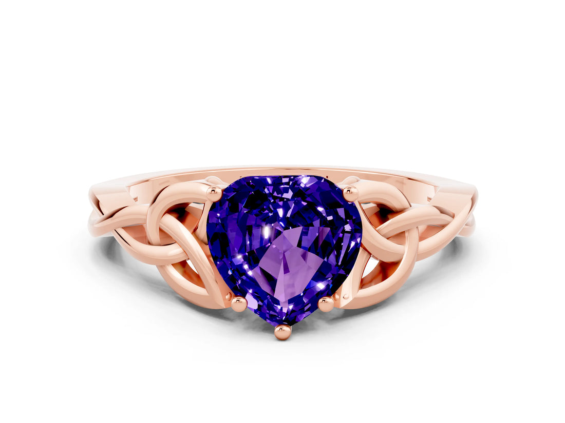 Rose gold Heart Cut Tanzanite Solitaire Celtic Knot Ring with Four-Prong Setting_12