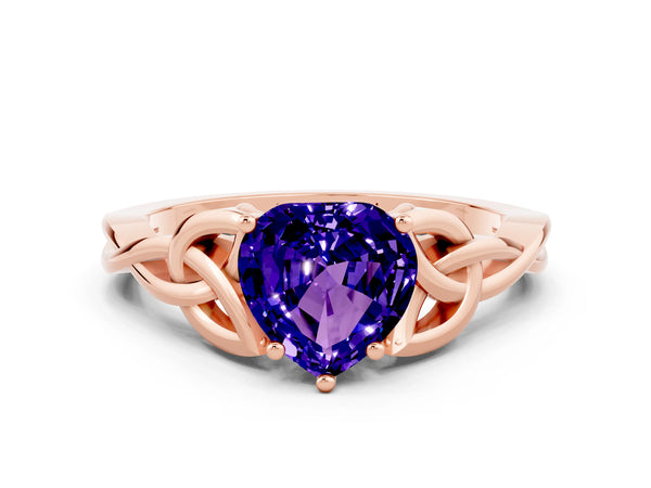 Rose gold Heart Cut Tanzanite Solitaire Celtic Knot Ring with Four-Prong Setting