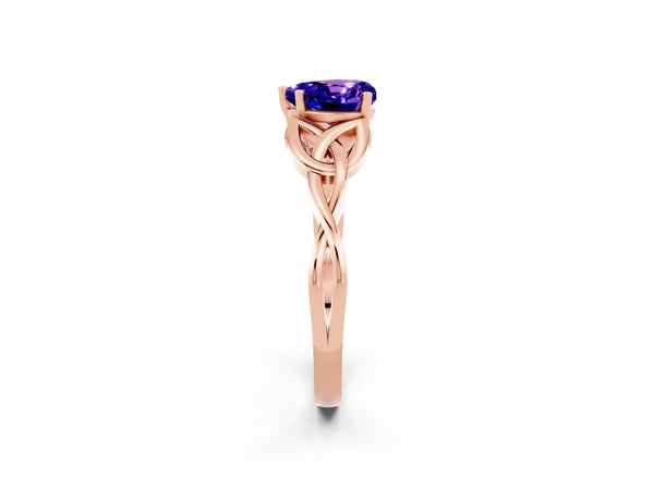 Rose gold Heart Cut Tanzanite Solitaire Engagement Ring with Celtic Knot Band and Four-Prong Setting