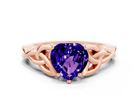 Rose gold Heart Cut Tanzanite Solitaire Engagement Ring with Celtic Knot Band and Four-Prong Setting