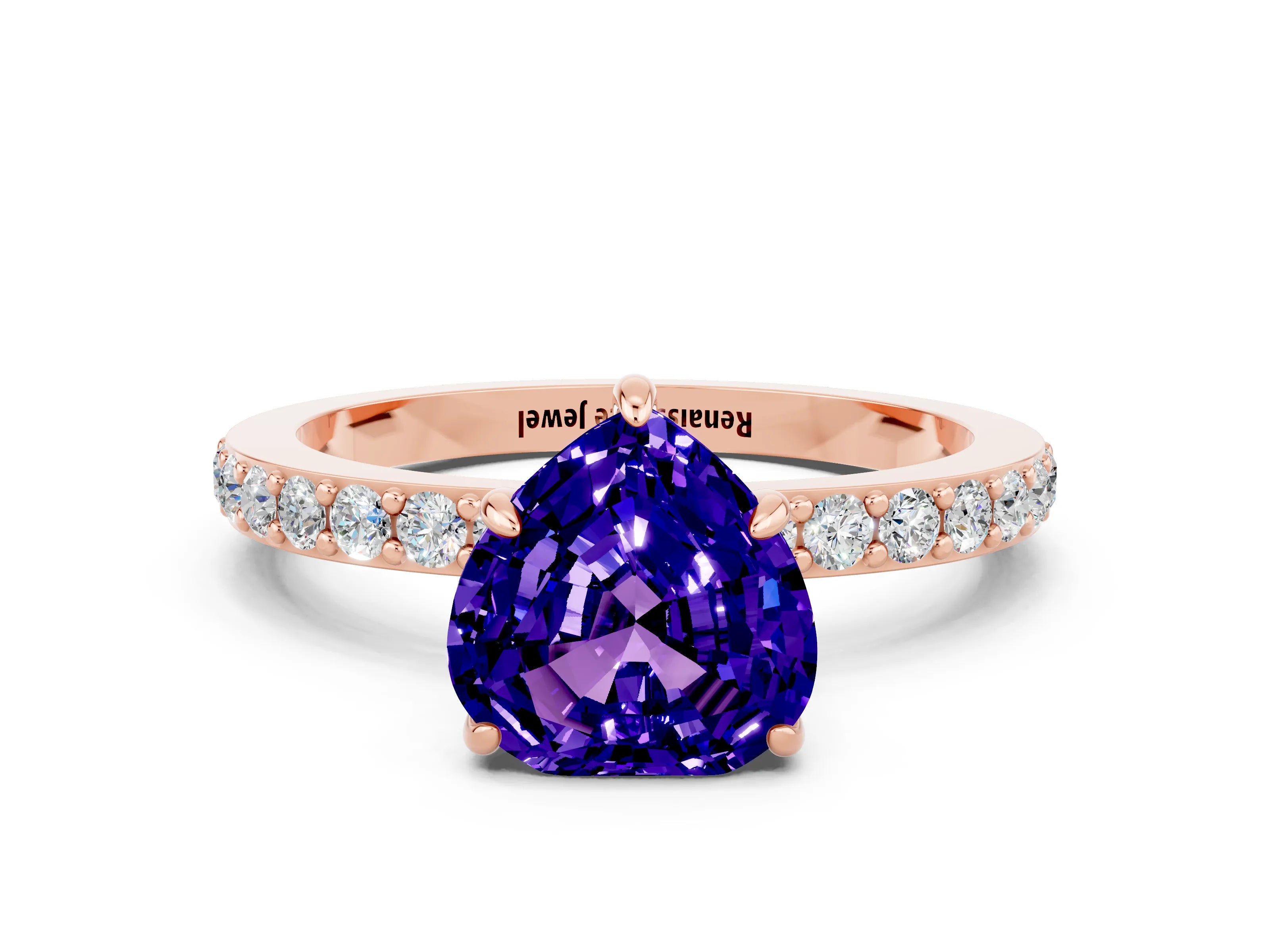 Rose gold Heart Cut Tanzanite Solitaire Engagement Ring with Pavé Band and Four-Prong Setting