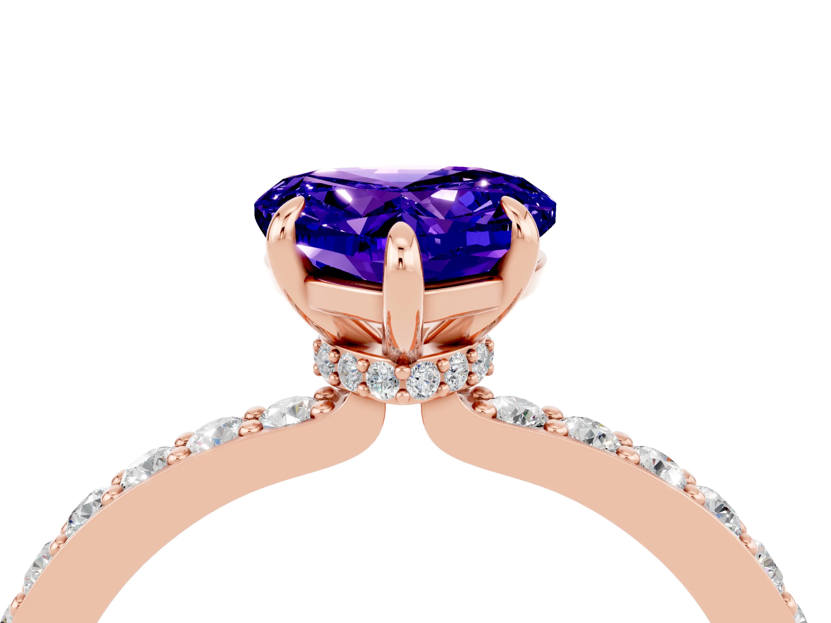 Rose gold Heart Cut Tanzanite Solitaire Engagement Ring with Pavé Band and Four-Prong Setting_4
