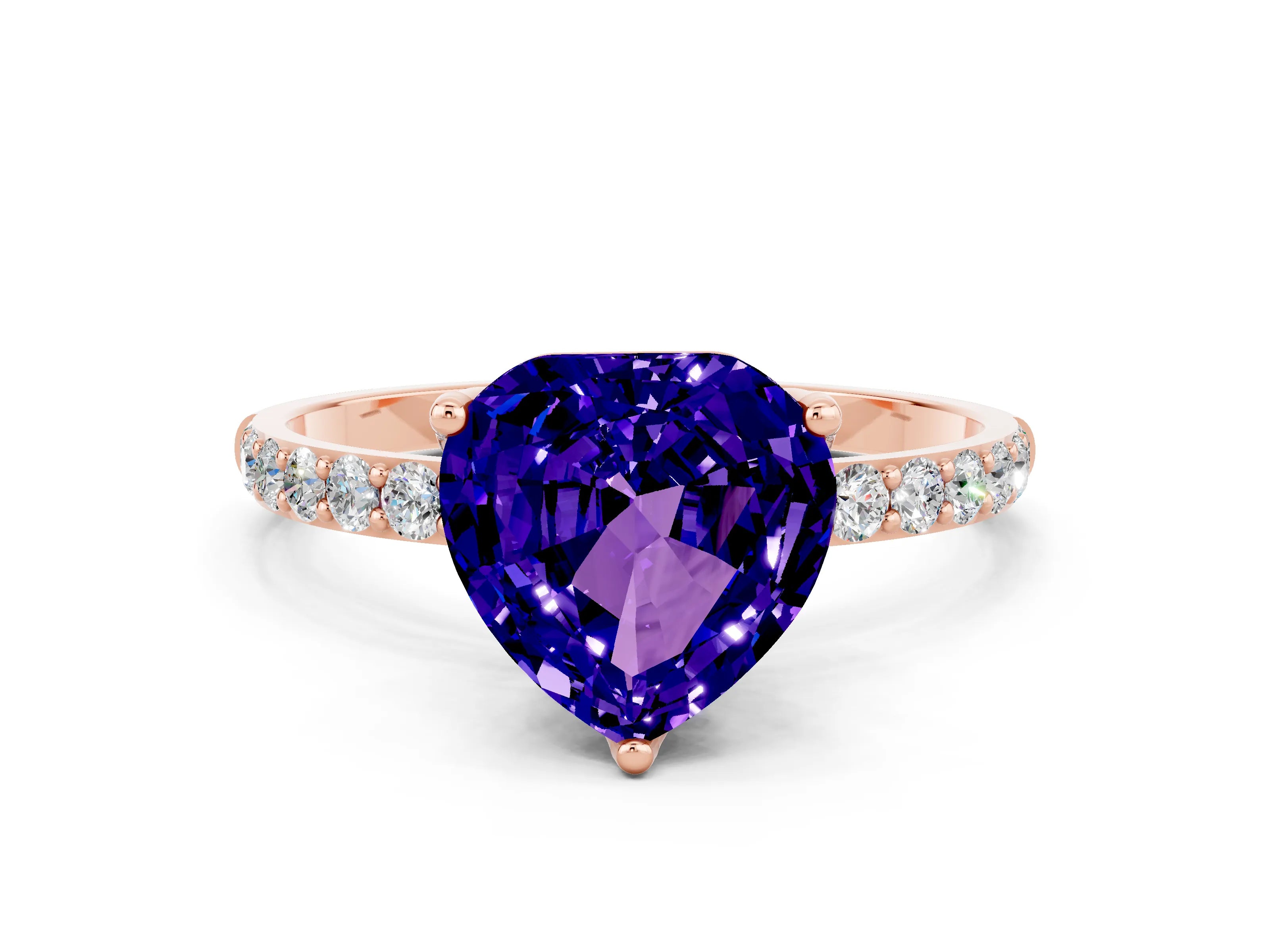 Rose gold Heart Cut Tanzanite Solitaire Engagement Ring with Pavé Band and Prong Setting
