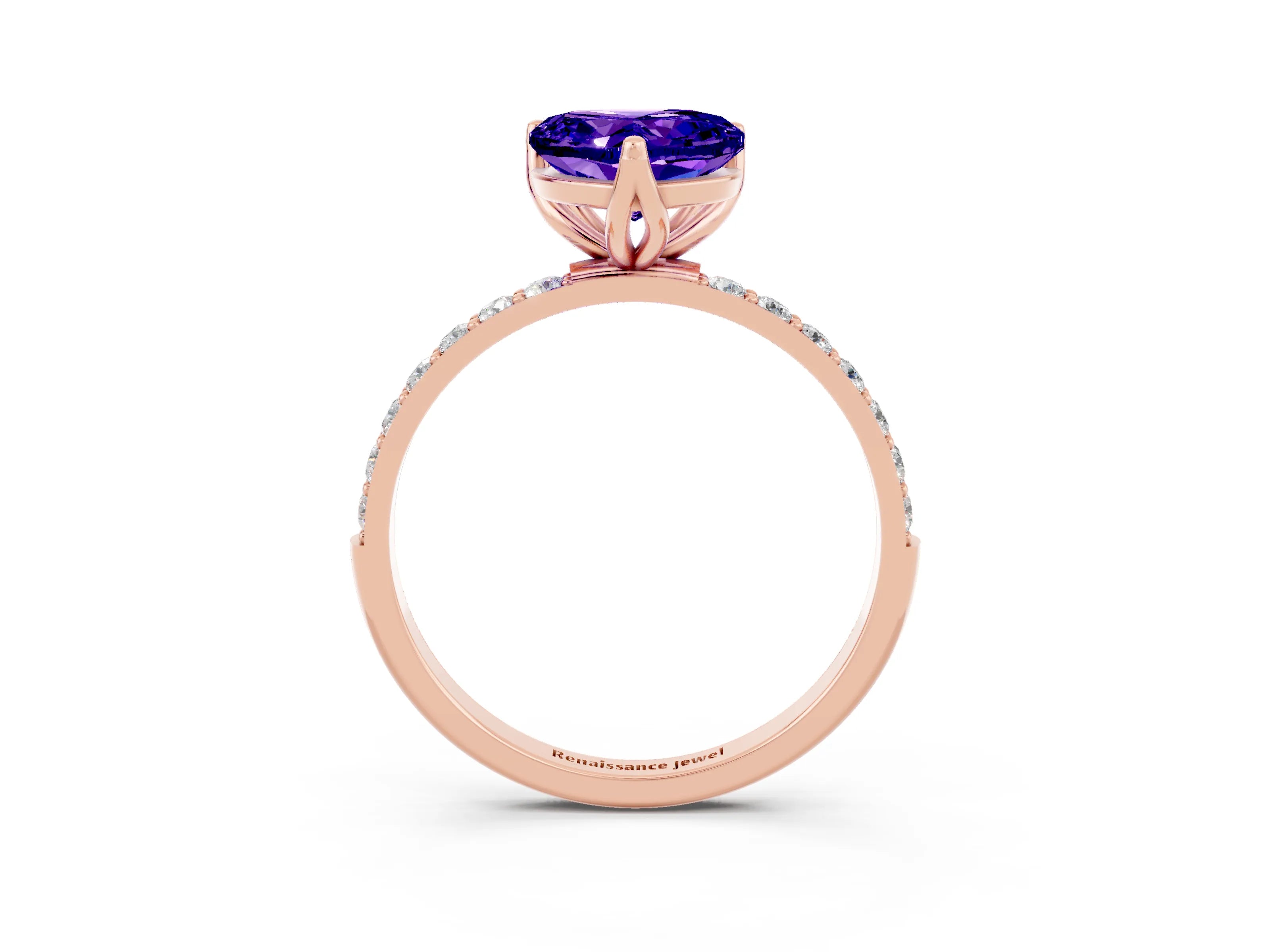 Rose gold Heart Cut Tanzanite Solitaire Engagement Ring with Pavé Band and Prong Setting_3