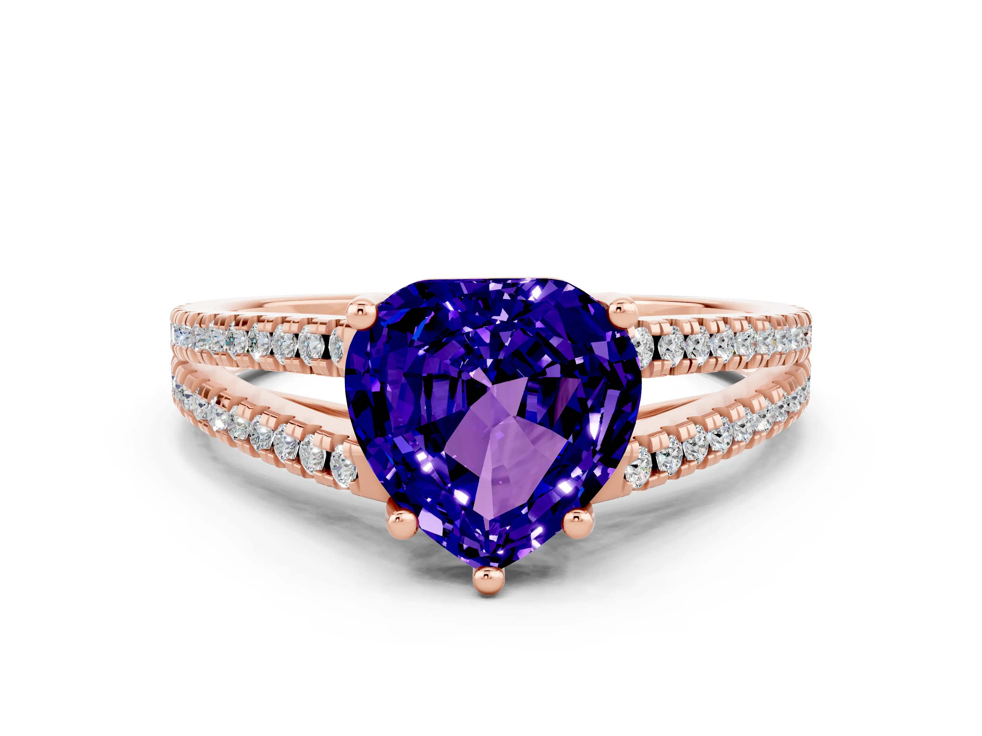 Rose gold Heart Cut Tanzanite Solitaire Engagement Ring with Split Shank Pavé Band