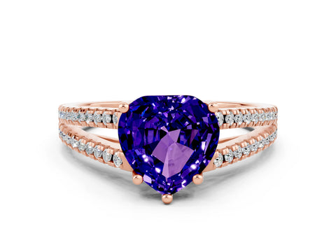 Rose gold Heart Cut Tanzanite Solitaire Engagement Ring with Split Shank Pavé Band