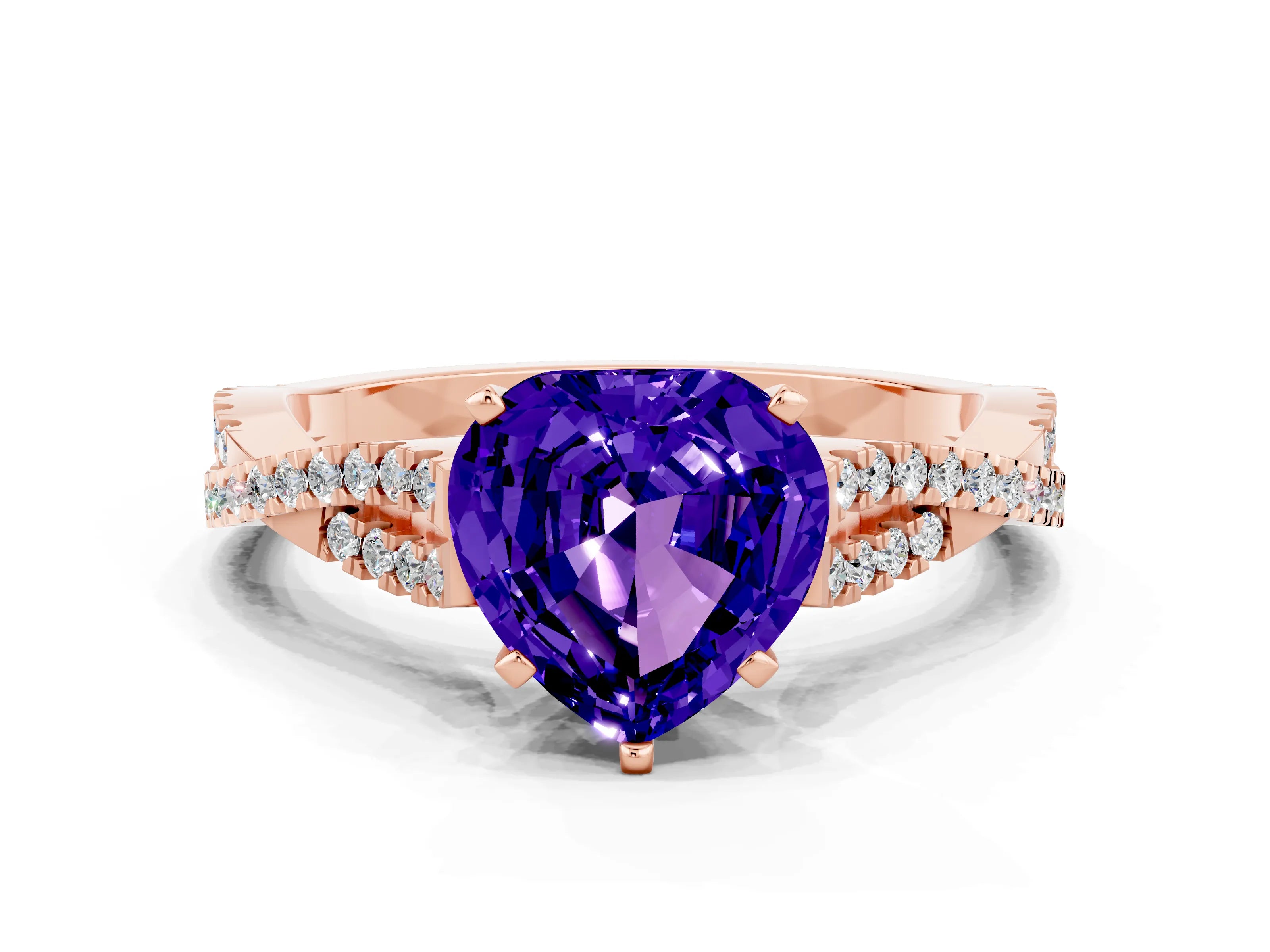 Rose gold Heart Cut Tanzanite Solitaire Engagement Ring with Twisted Pavé Band and Four-Prong Setting_12