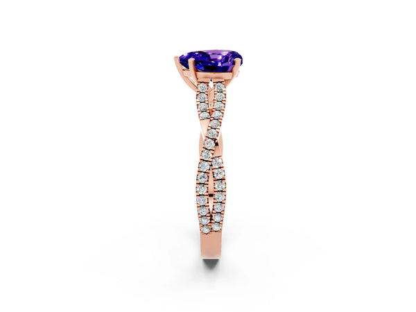 Rose gold Heart Cut Tanzanite Solitaire Engagement Ring with Twisted Pavé Band and Four-Prong Setting