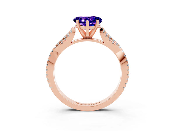 Rose gold Heart Cut Tanzanite Solitaire Engagement Ring with Twisted Pavé Band and Four-Prong Setting