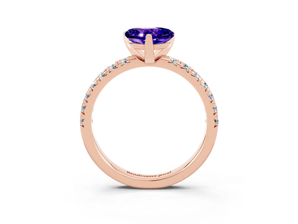Rose gold Heart Cut Tanzanite Solitaire Pavé Engagement Ring with Round Band and Prong Setting