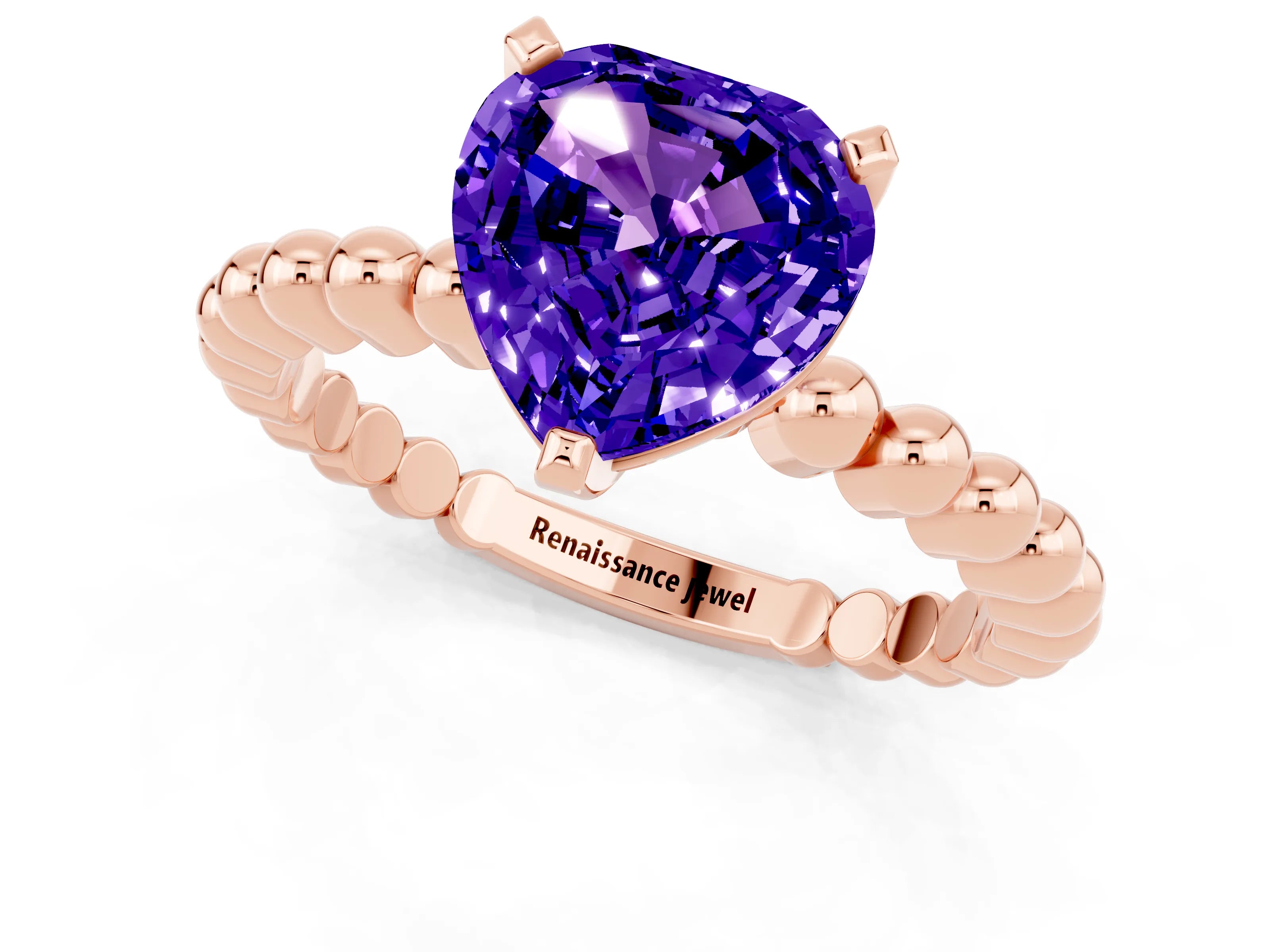 Rose gold Heart Cut Tanzanite Solitaire Ring with Beaded Band and Prong Setting_1