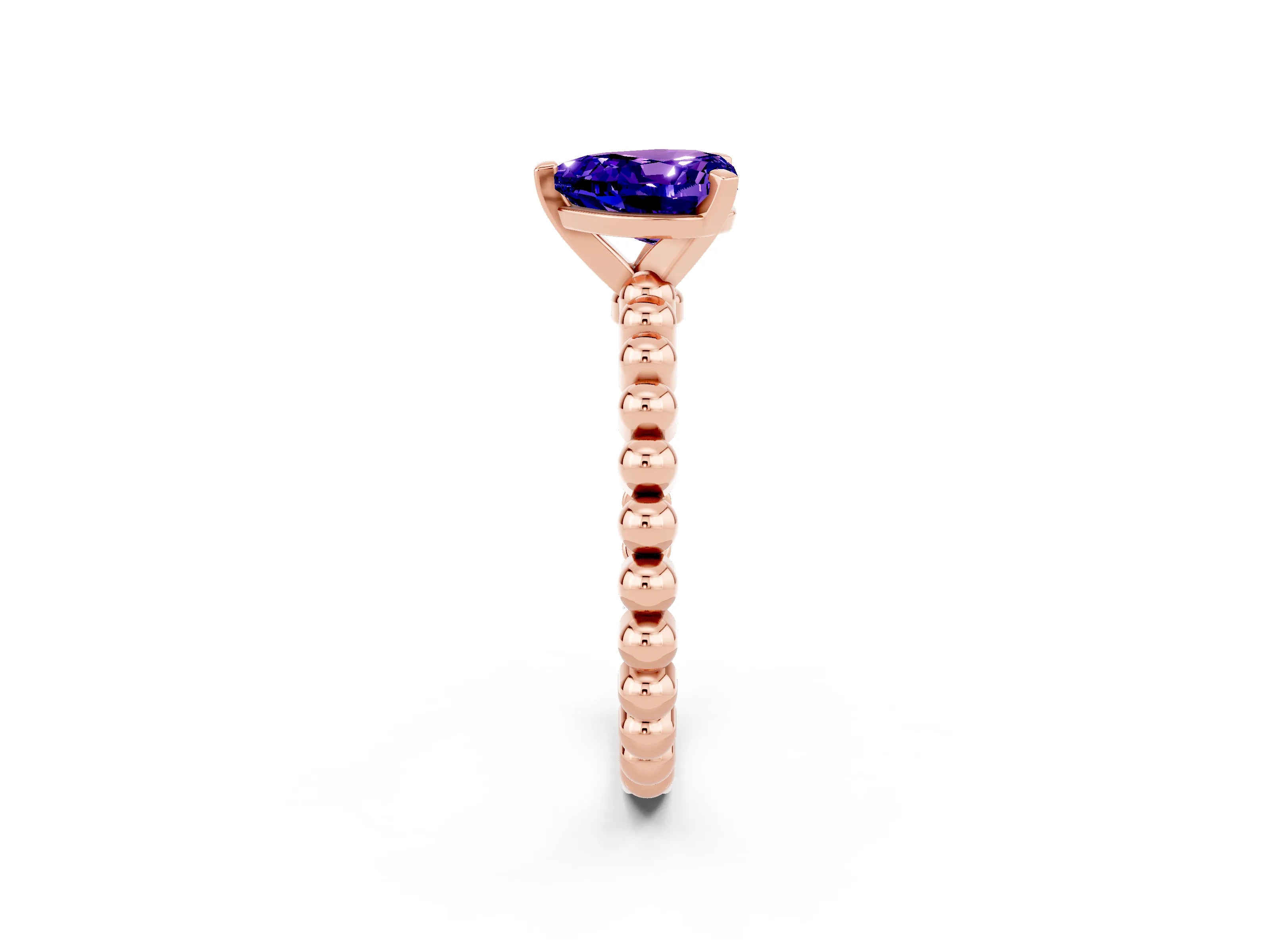 Rose gold Heart Cut Tanzanite Solitaire Ring with Beaded Band and Prong Setting_2