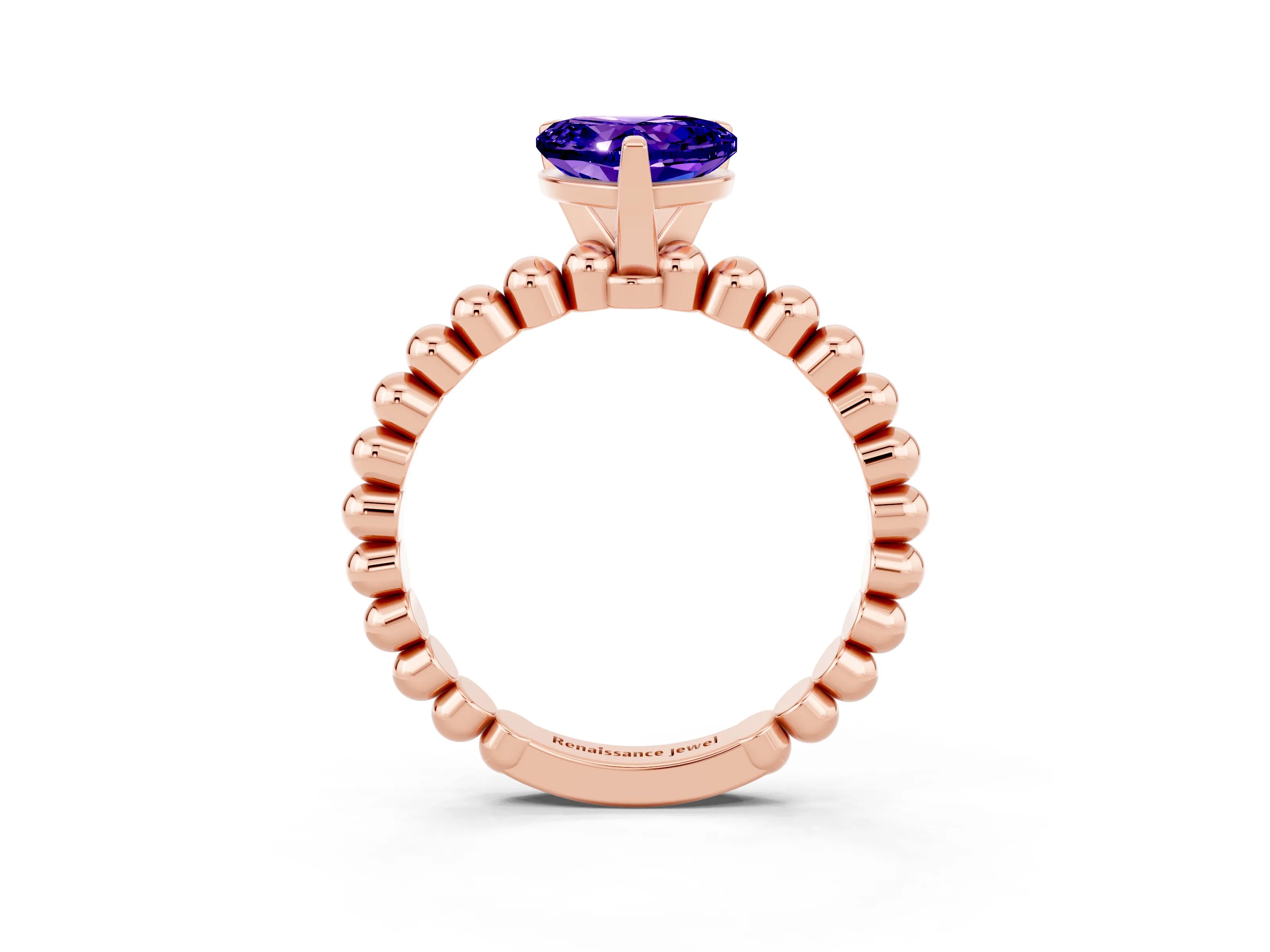Rose gold Heart Cut Tanzanite Solitaire Ring with Beaded Band and Prong Setting_3