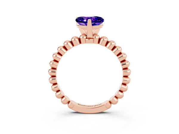 Rose gold Heart Cut Tanzanite Solitaire Ring with Beaded Band and Prong Setting